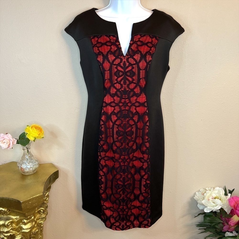6 Connected Apparel Black And Red Lace Sheath Dress Stretch Womens S Small